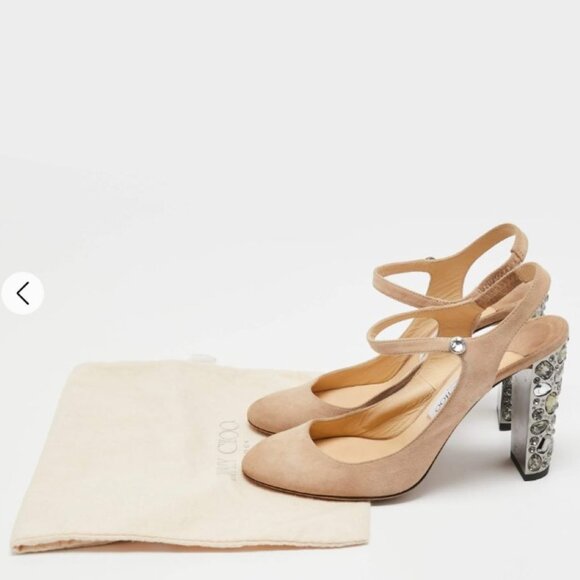 Jimmy Choo-Beige Suede & Leather Heels with multi-shape Crystals. Size 39 (US 9) - Picture 9 of 9